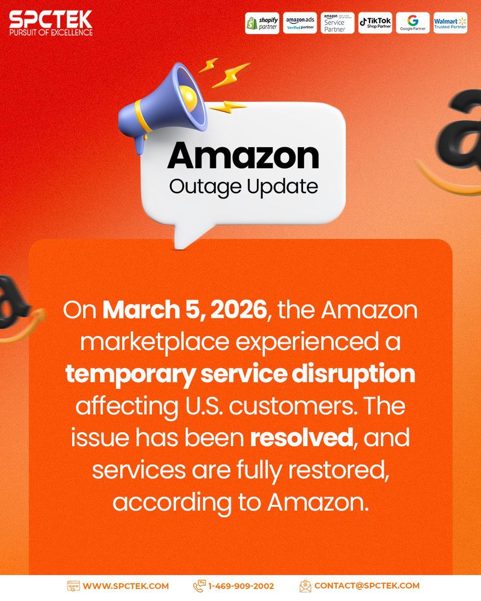 spctekglobal's tweet photo. 🚨 On March 5, 2026, Amazon users reported widespread checkout and pricing glitches in the United States.
Amazon later confirmed the disruption was fixed.
#amazonoutage #amazonupdate #ecommercenews #onlineshopping #amazonmarketplace https://t.co/jYqN61enTx
