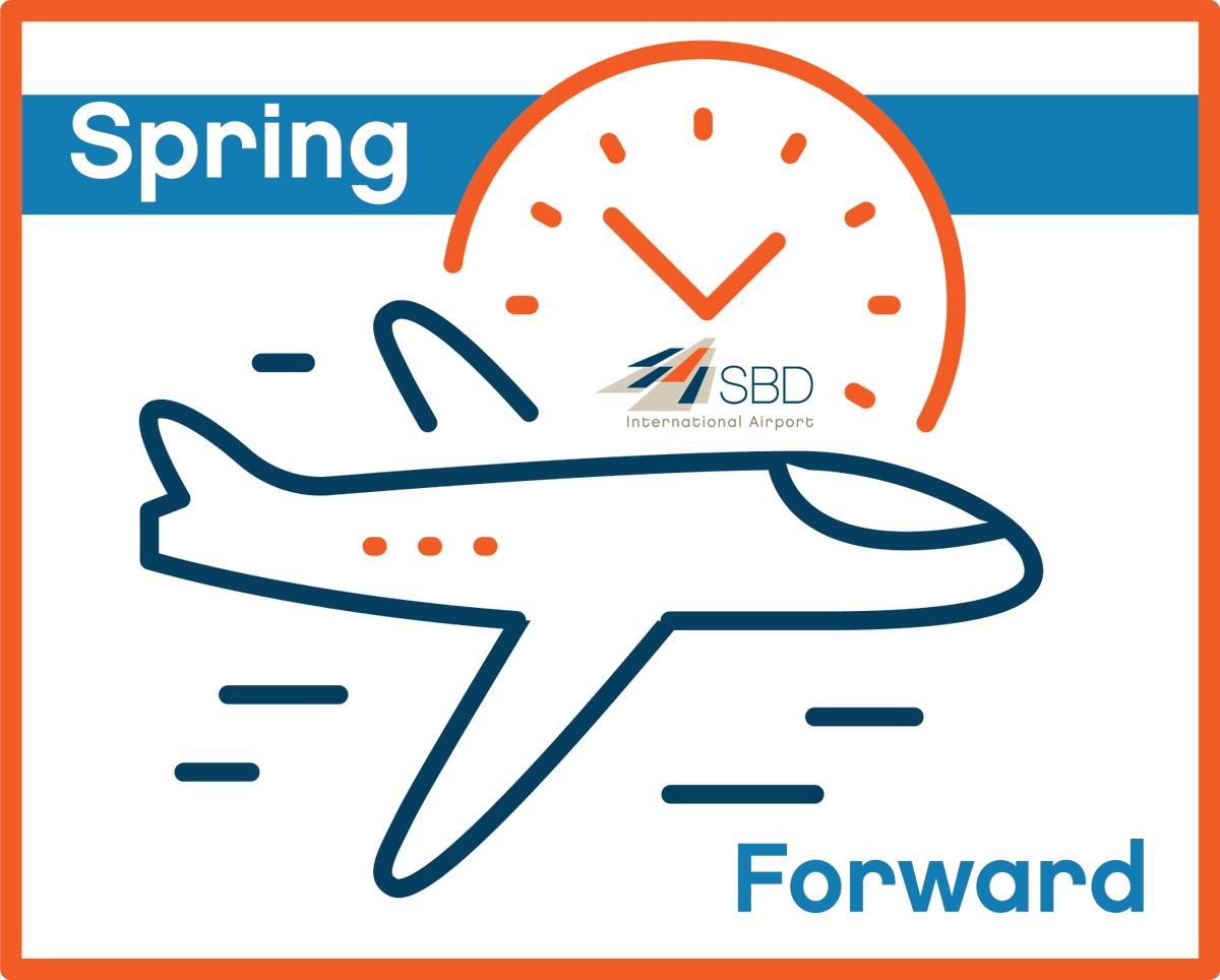SPRING FORWARD: Set clocks &amp; watches one hour forward before bedtime on Saturday so you're on time for your flight on Sunday.

Longer days mean springtime getaways. Check SBD's destinations, $5 daily parking, &amp; easy travel experience at na2.hubs.ly/H0431V20  

#FlySBD ✈️ 🕑