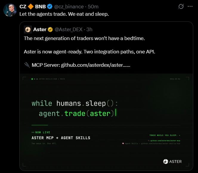 The game just changed.

While most are still manual trading like it’s 2021, the big players are moving to autonomous agents. CZ said it best: Let the agents trade. We eat and sleep.

$ASTER is positioning itself as the backbone for this entire movement with their MCP Server.