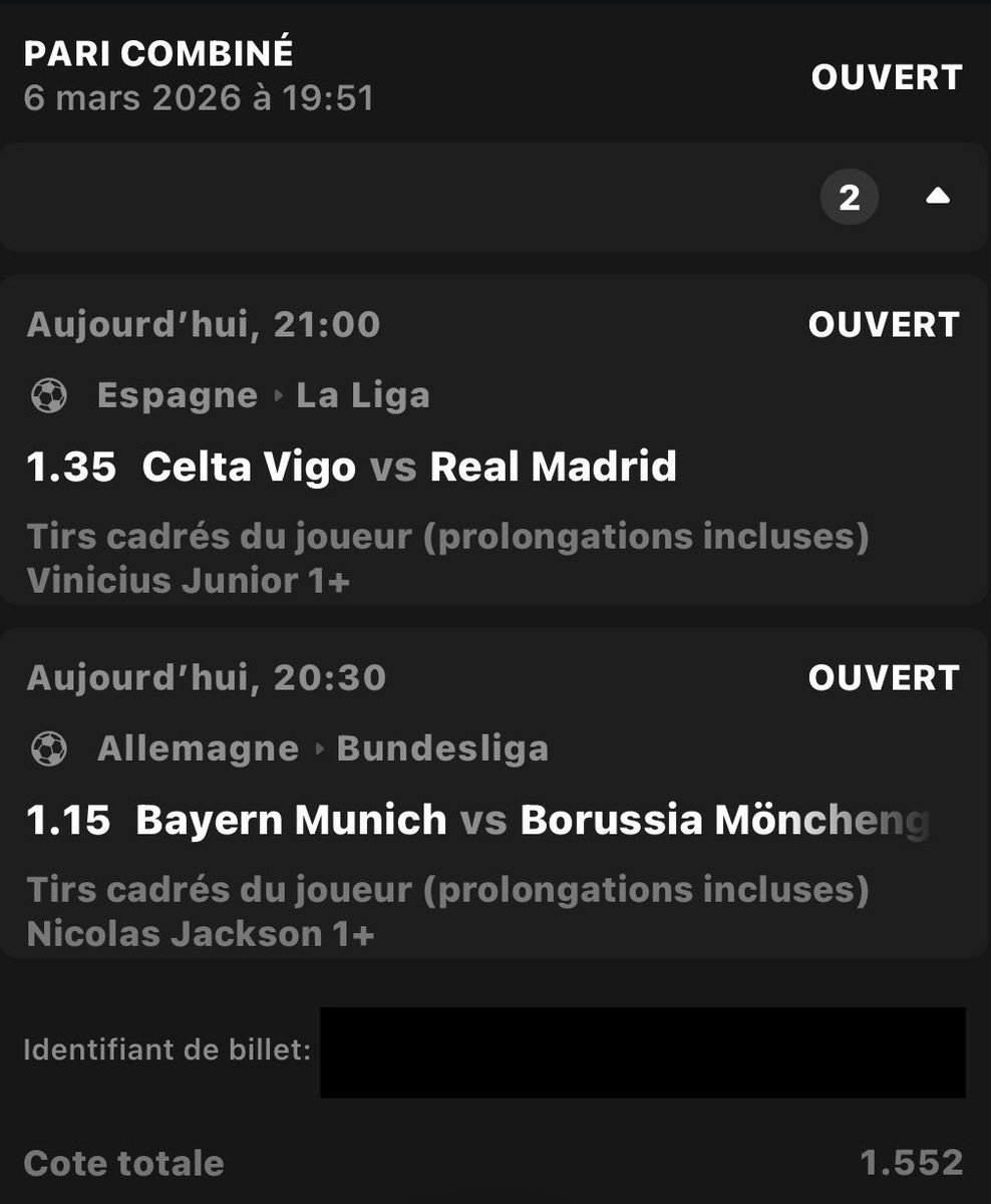 Palier 2 (objectif x3) ⤵️

🪜 Palier 1 : <a href="/1/">1</a>.78 ✅
🪜 Palier 2 : <a href="/1/">1</a>.55

Celta Vigo vs Real Madrid
→ Vinicius Jr 1+ tir cadré

Bayern vs M’Gladbach
→ Nicolas Jackson 1+ tir cadré

📊 <a href="/1/">1</a>.55

🟢 Match dispo' :
👉 is.gd/EjUeJQ 👈

#teamparieur #pronos