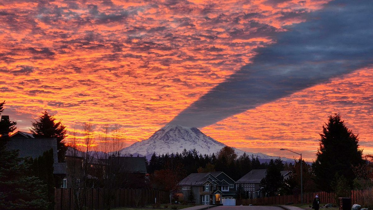 SEATTLESUBMISS's tweet photo. A rare atmospheric phenomenon was captured south of Seattle, as Mount Rainier cast its triangular shadow across the sunrise sky. The sight, only visible between late October and January, occurs when the low winter sun rises directly behind the 14,411-foot volcano. https://t.co/cUpDOmdMCz