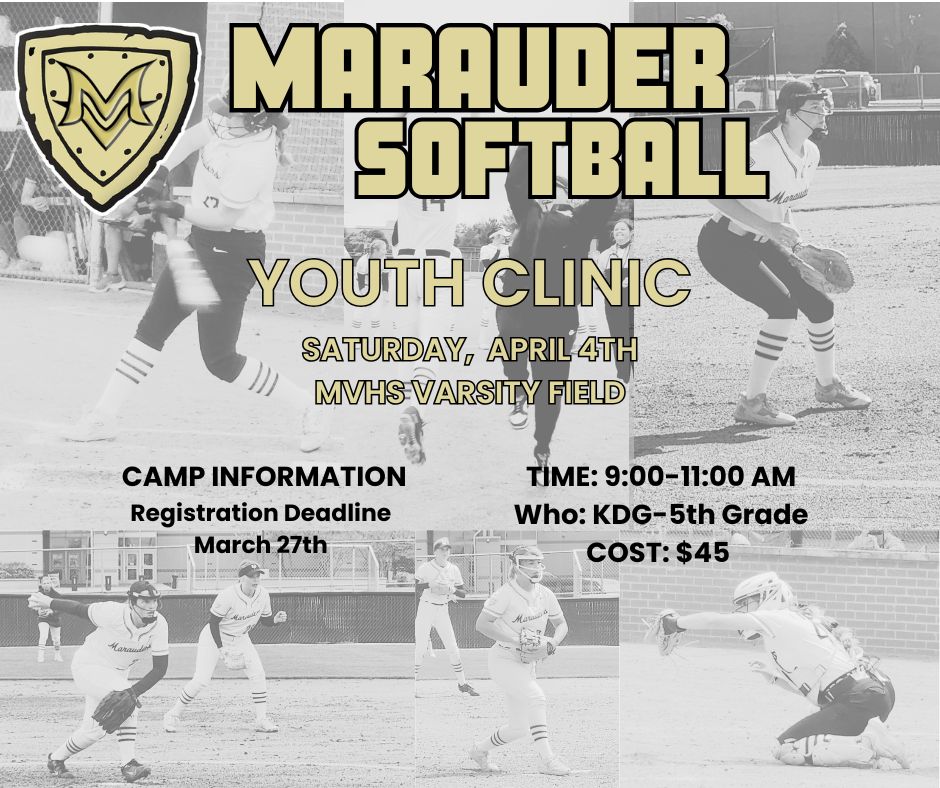 🥎 The MV Softball Team is excited to host our upcoming Youth Clinic  and we’d love for you to join us!

Come learn from our Lady Marauders, build your skills, have some fun, and connect with the future of Marauder Softball. We can’t wait to meet all of our future Lady Marauders!