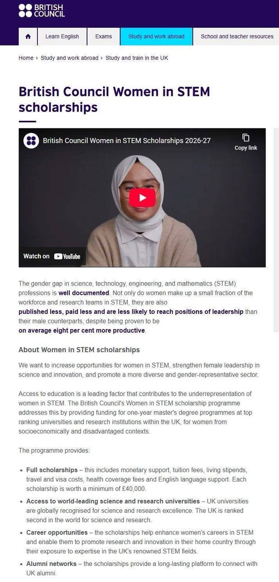 StudyHunt_info's tweet photo. British Council Women in STEM Scholarship 2026 (Fully Funded – UK) 

Host: UK Government &amp; British Council
Study Level: Master’s
Eligible Countries: Selected countries
Gender: Female applicants only
Deadline: Varies by university 

Apply: https://t.co/Xu5Ywu19hN https://t.co/CL1x36sbFm