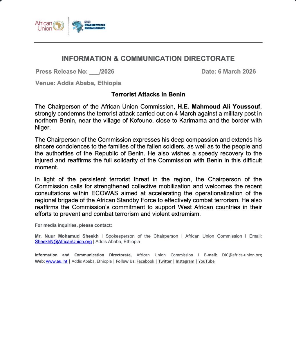 _AfricanUnion's tweet image. The Chairperson of the African Union Commission, H.E. Mahmoud Ali Youssouf, strongly condemns the terrorist attack carried out on 4 March against a military post in northern #Benin, near the village of Kofouno, close to Karimama and the border with Niger.

The Chairperson of the