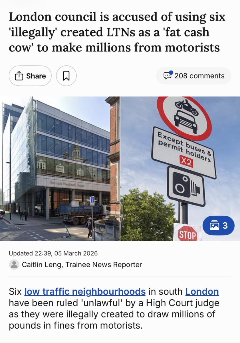 ReformDaily_'s tweet image. 🚗 Croydon Council created 6 illegal LTNs &amp;amp; fleeced motorists for millions in fines, shares Laila Cunningham

“We won’t punish you for driving. Stop the racket”

Time for a different approach in City Hall - Vote Reform on May 7th

#ReformUK #Croydon