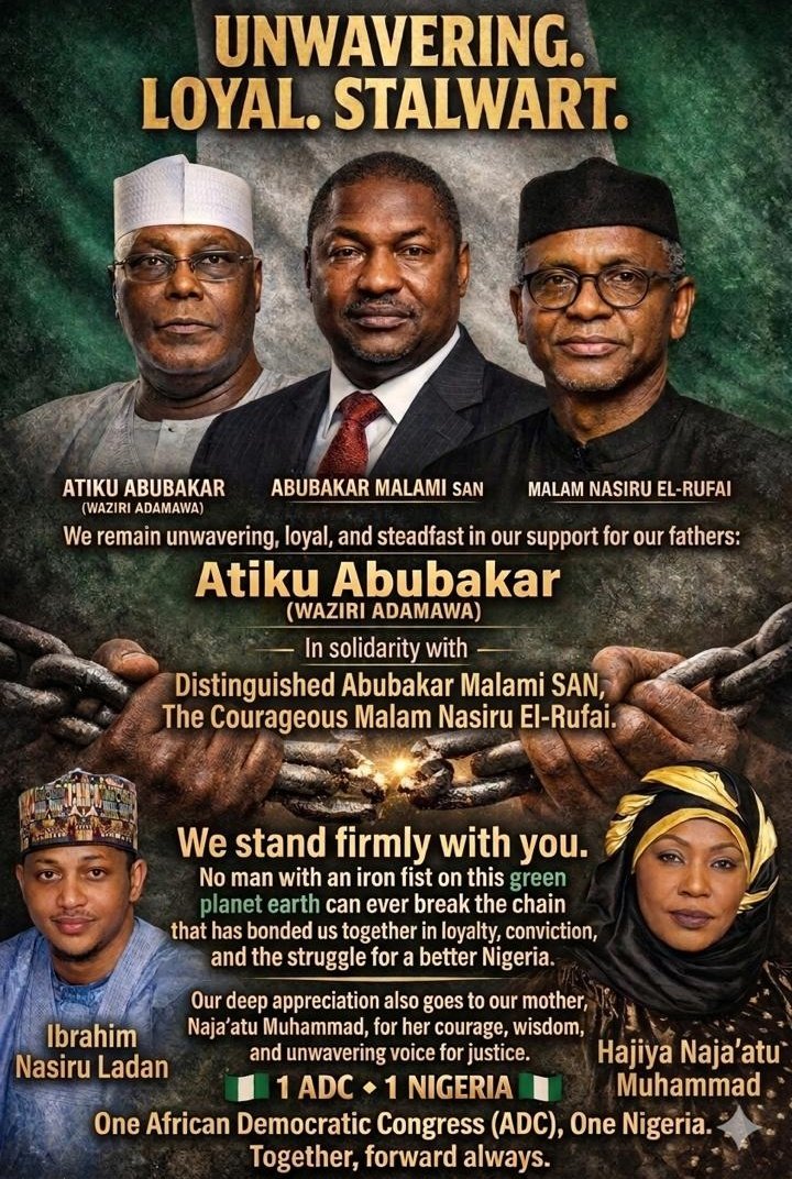 AlmustaphaIU's tweet photo. We remain unwavering, loyal, and steadfast in our support for our father Alhaji Atiku Abubakar. We stand in solidarity with the distinguished Abubakar Malami (SAN) and Malam Nasir El-Rufai. Our deep appreciation also goes to the mother of youths, Haj. Naja’atu Muhammad.Up #ADC! https://t.co/8yv3TjMk4u