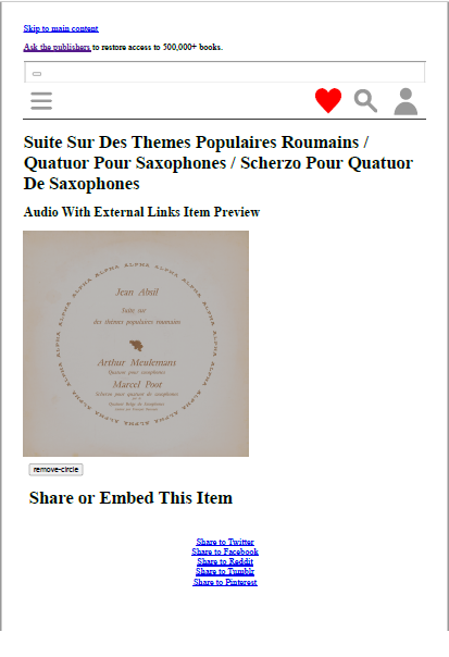 Lionel78883700's tweet photo. @internetarchive Is something wrong with https://t.co/HKFfi5KtXM?

I give an example. I searched:
Suite Sur Des Themes Populaires Roumains...
https://t.co/24dSwJOD68

And it gave the following page (which I broke in the following attached photos) https://t.co/DaPNI8In8r
