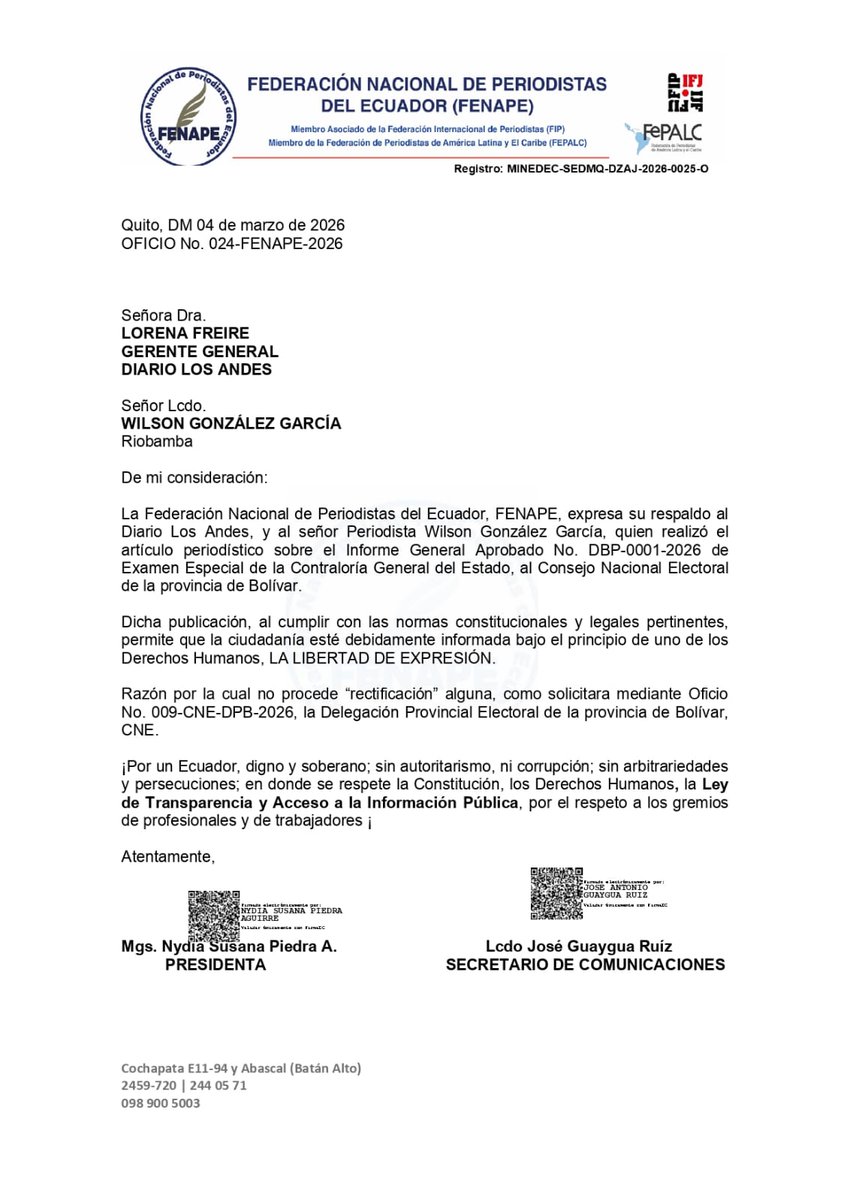 Mientras Luis Alberto Coles Rea intenta frenar la difusión del examen de la Contraloría al CNE de Bolívar, la FENAPE respalda nuestro trabajo y rechaza la “rectificación”.
La libertad de prensa no se negocia <a href="/cnegobec/">cnegobec</a> <a href="/DianaAtamaint/">Diana Atamaint</a>