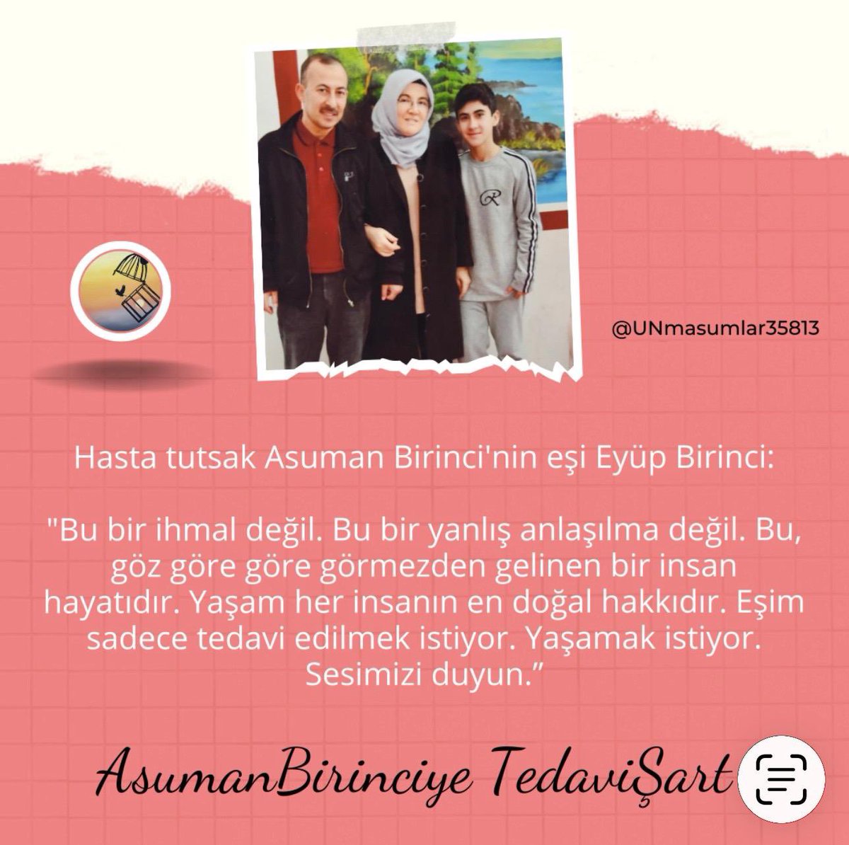 Eşi Eyüp Birinci’ye yapılan işkenceleri uluslararası basına anlatan Asuman Birinci bugün ağır hasta.
21 aydır cezaevinde ve ciddi kansızlıkla mücadele ediyor.
Tedavi geciktikçe risk büyüyor.

AsumanBirinciye TedaviŞart