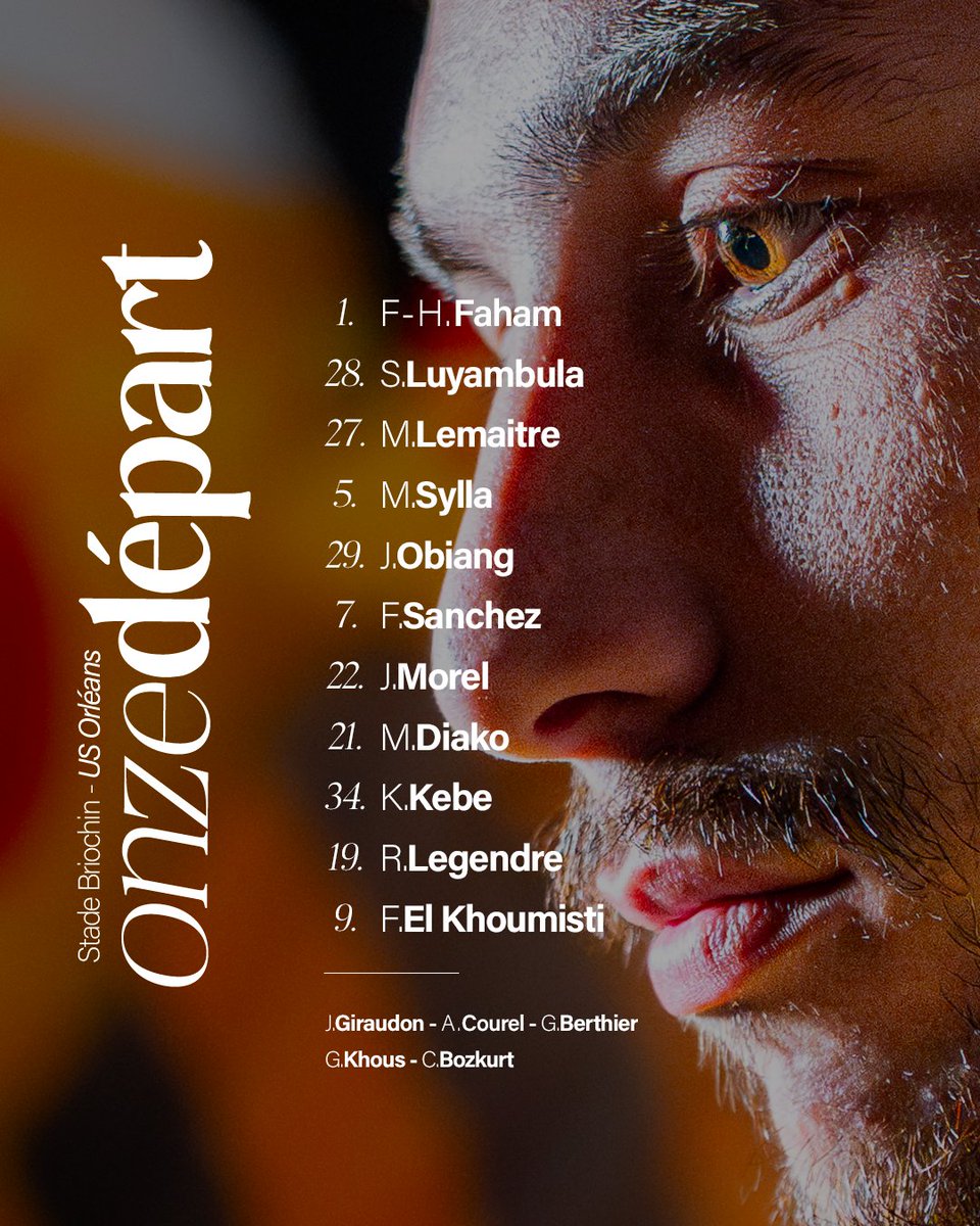 #SBUSO📋 𝗟𝗲 𝟭𝟭 𝗱𝗲 𝗱𝗲́𝗽𝗮𝗿𝘁 𝗱𝗲 𝗹'𝗨𝗦𝗢 🐝

Voici les 11 joueurs de l’USO alignés pour ce match de National contre le Stade Briochin au Stade Fred Aubert 💪

#TeamUSO 🟡🔴