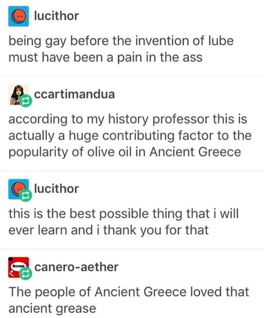 SamarasPhoneSex's tweet photo. History lesson Time! I don't suggest olive oil (Unless it's Olive Oyl lol) for today's times, but in a pinch... #lube #SexyHistory #sex #TempleSirens https://t.co/u0pBfHeZce