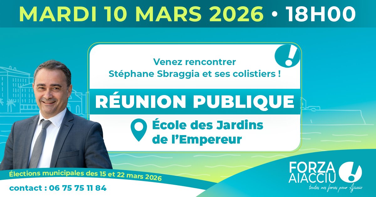 Rendez-vous ce mardi 10 mars, à 18h, pour une réunion publique à l'école des Jardins de l'Empereur.
Je vous attends nombreux !
#ForzaAiacciu #Ajaccio