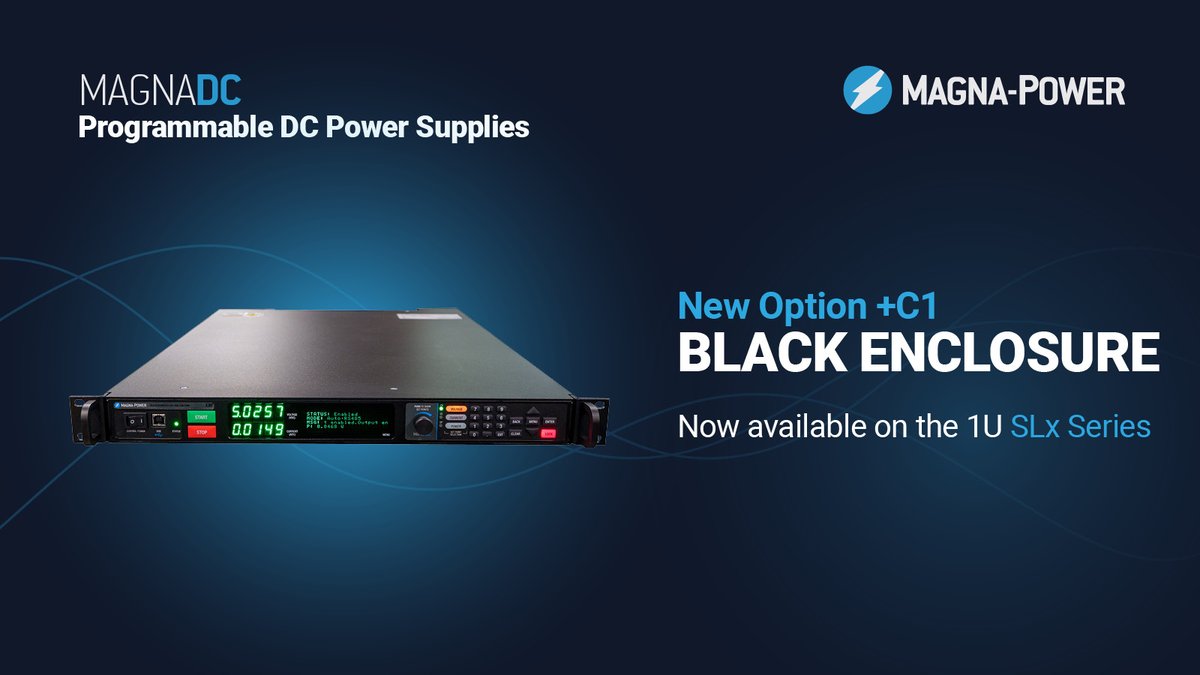 Magna_Power's tweet photo. Magna-Power "Dark Mode" has arrived. Introducing +C1: a new black enclosure option for our SLx Series 1U programmable DC power supplies. Textured powder coat. Black front panel. Sleek rack-ready look.

See it live at APEC Booth #1226, March 23–25 in San Antonio. https://t.co/F26qELun3C
