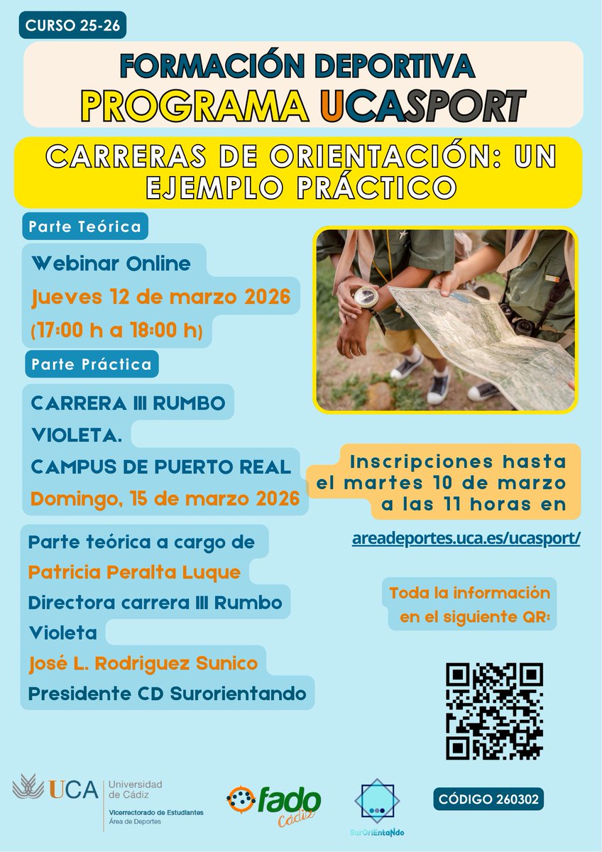 DeporteUCA's tweet photo. 📍 ¿Sabes orientarte en carrera? ¡Aprende con #UCASPORT!
Webinar:"Carreras de Orientación: Un ejemplo práctico🧭
💻 Teoría: 12 de marzo (17:00-18:00) vía Campus Virtual. 🏃 Práctica: 15 de marzo en la III Carrera Rumbo Violeta 

Info aquí: 👇 https://t.co/by5v5iybYC

@univcadiz https://t.co/IK7209jFIW