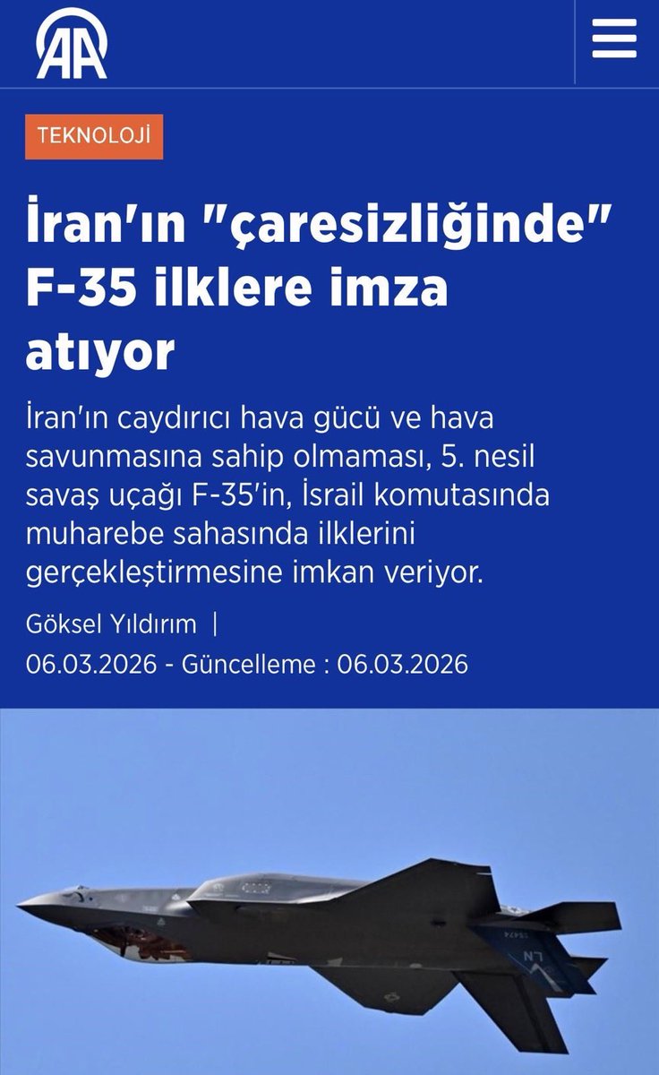 Bu dil, bu toprakların ruhuna ihanettir!

(Milli!) yayın organımız Anadolu Ajansı'nın, Siyonizm’in katliam aparatlarını "teknoloji" kılıfıyla güzellemesi tam bir akıl tutulması ve utanç vesikasıdır!

Bölgeyi kan gölüne çeviren, bebek katili İsrail’in komutasındaki F-35’leri