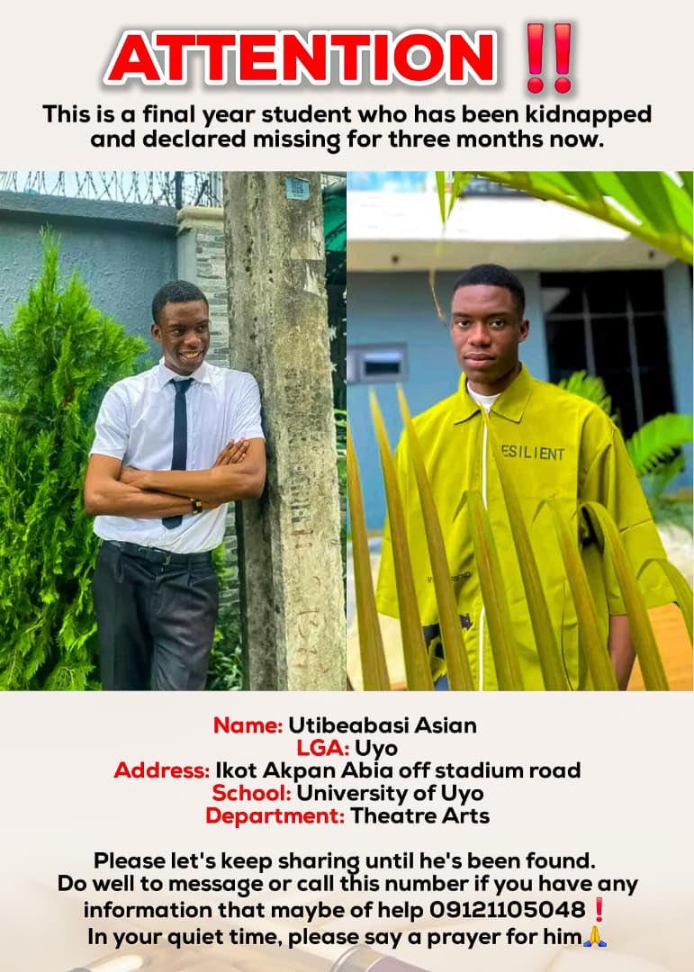 This is my sisters course mate 
He was kindnapped in uyo 

The kidnappers demanded a ransom and it was paid in full 
Yet they didn’t release him 
It’s been 3 months now 💔💔💔

What’s this country really turning into for goodness sake 💔💔💔
Inside this small Uyo .