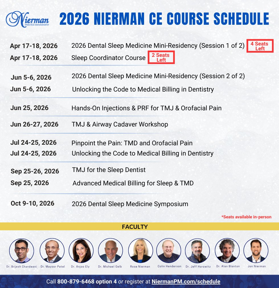 Have you had a chance to explore our 2026 CE seminars? Join us for powerful, practical training led by some of the leading speakers in dental sleep medicine, medical billing, and TMD. 

Use code: NPM10 for 10% off any upcoming seminar.

We hope to see you soon!
