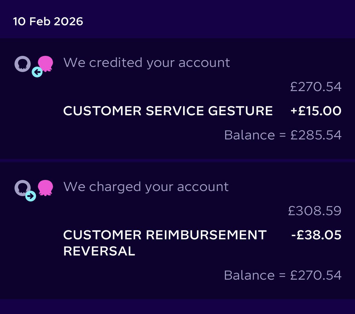 mike_murray87's tweet photo. @OctopusEnergy Hi, I’d like to know why I have had money taken from my account balance as a “Customer Reimbursement Reversal” and then only had a partial “Customer Service Gesture” amount paid back as below. Thanks. https://t.co/peuE0wSghb