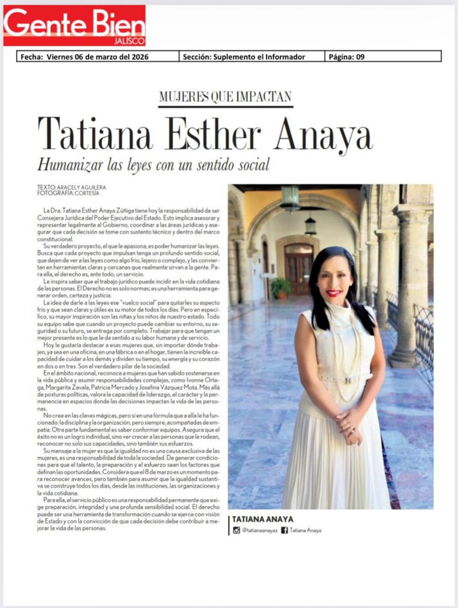 Mientras en Jalisco se acumulan crisis de seguridad, agua turbia y broncas de gobierno, la consejera jurídica del Estado, Tatiana Esther Anaya, encontró tiempo para protagonizar una página en la revista donde normalmente desfilan bodas, brunchs y sonrisas de papel couché.