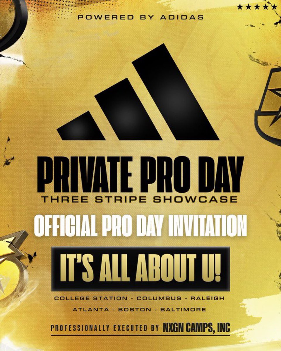 We are pleased to invite you to participate in the Private Pro Day Powered by Adidas - exclusively for elite football prospects. You will compete with the top college football prospects in each region. <a href="/Digdeep810/">Greg Cooper Dig Deep ATH Defensive Back Specialist</a> <a href="/coachk924/">coach k</a> <a href="/ForrKaleb/">Coach Kaleb Forr</a> 

Thanks <a href="/NxgnCamps/">NXGN Camps, Inc</a> - let’s work