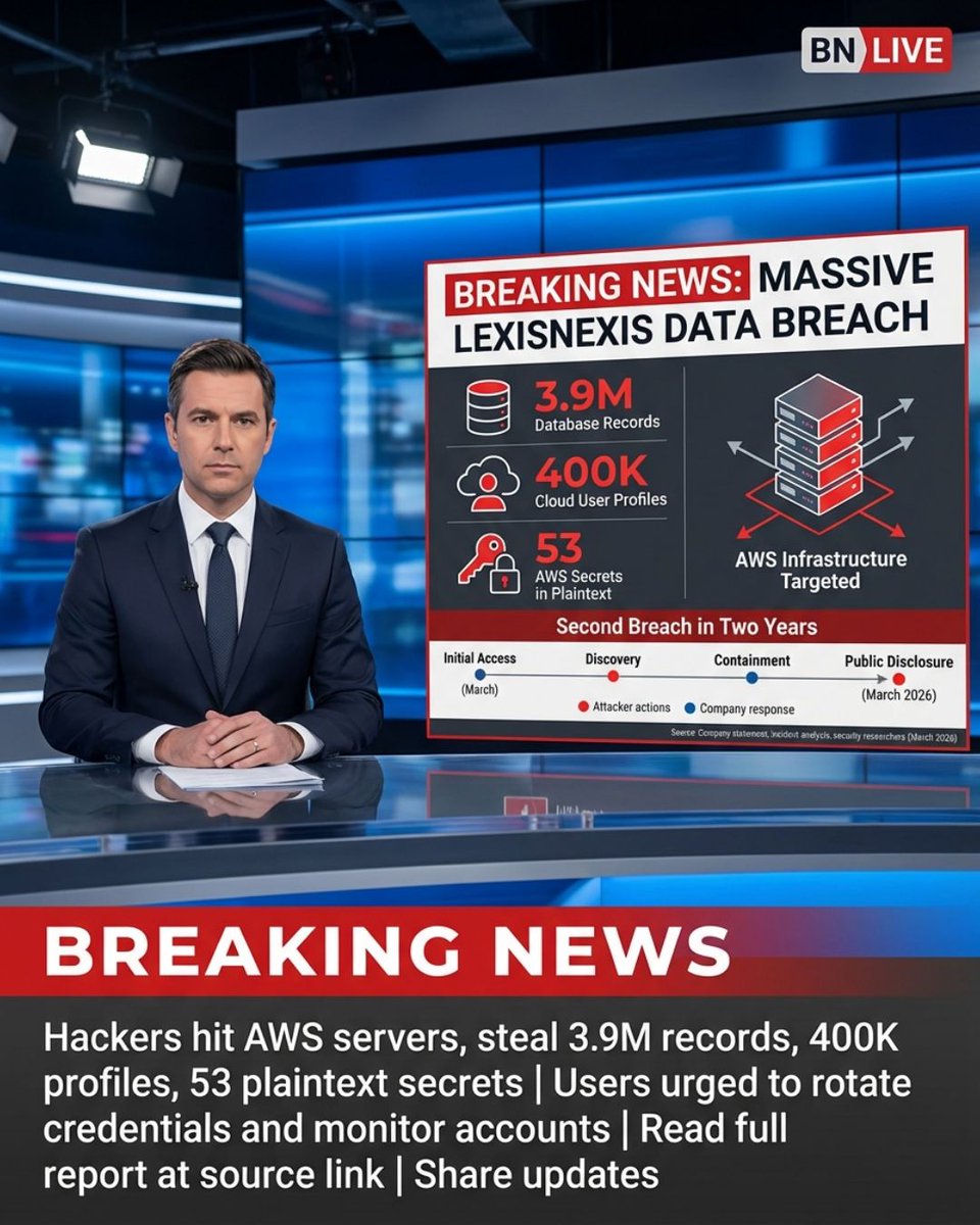 marc_david's tweet photo. BREAKING: LexisNexis confirmed hackers breached their AWS servers and stole 2GB of data.

3.9M database records. 21K+ customer accounts. 400K cloud user profiles. 45 employee password hashes.

This company holds consumer files on nearly every adult in the US. https://t.co/6ygsekbHbH