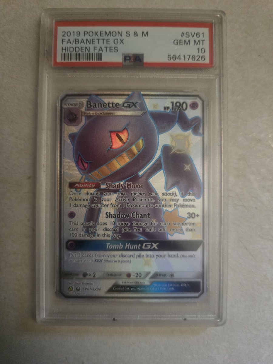 HauntedTCGx's tweet photo. Good afternoon!

Welcome to HauntedTCG, we specialize in almost everything #PokemonTCG #DisneyLorcana and #MagicTheGathering

To start off, we'd like to start off with a nice little giveaway. 2019 Banette GX (Hidden Fates) PSA 10 (Approx value $110 - $120)

Rules - Follow us, like/RT and tag a friend. Winner picked 03/14
