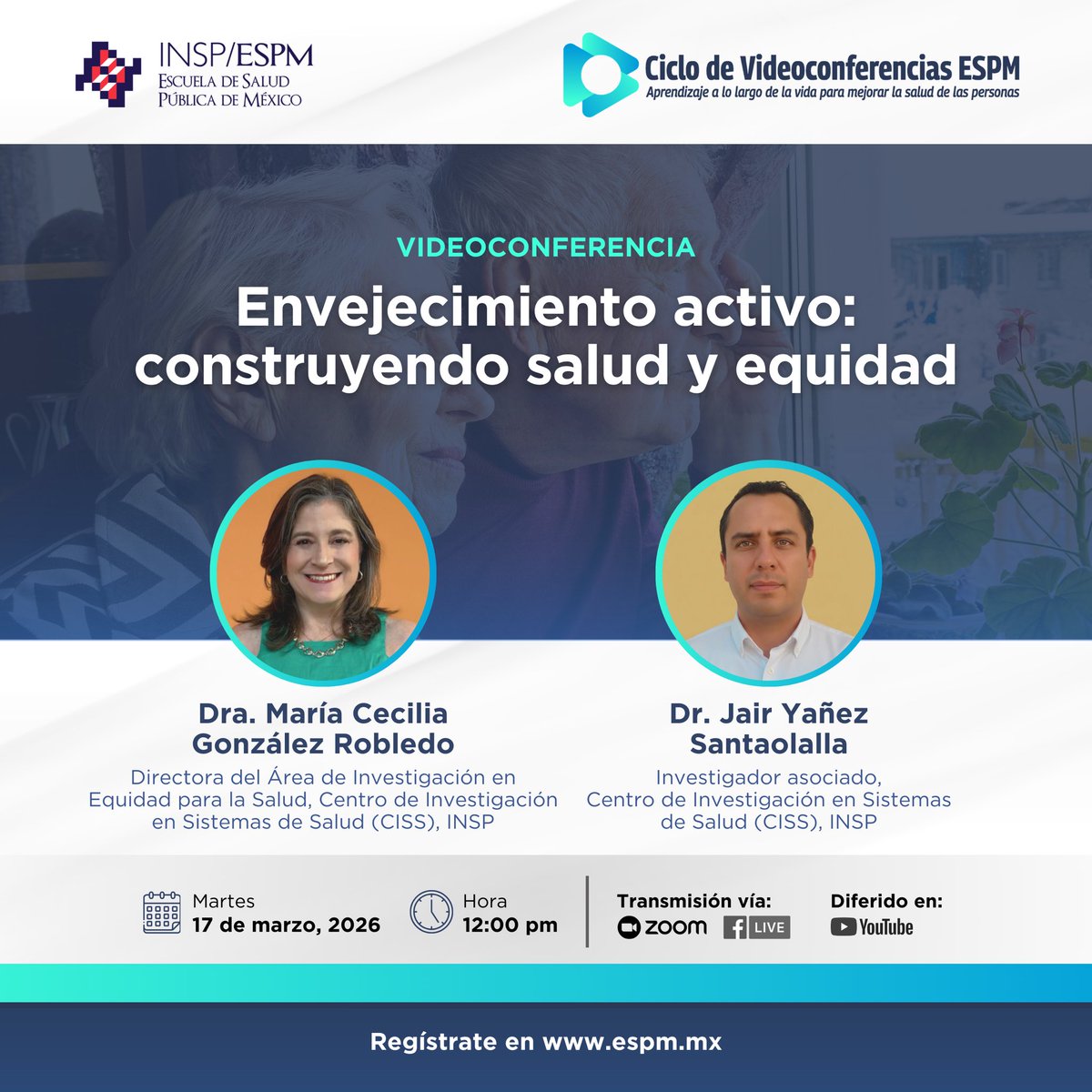 SaludPublicaMx's tweet photo. #VC26 | Exploraremos los retos del envejecimiento poblacional y cómo la investigación, las políticas públicas y la participación social pueden impulsar un envejecimiento activo y con equidad 🔍

📅 17 de marzo, 12 h
📍 Vía Zoom y Facebook Live
🌐 Registro: https://t.co/eou35nT5xl https://t.co/l1vwvBTkC9