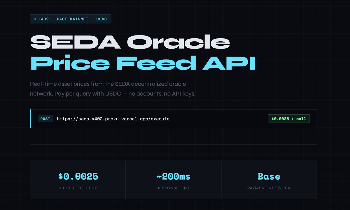 SEDA is now gated behind x402 from <a href="/buildonbase/">Base Build</a> 

This means any AI agent can now access +11m symbols for equities, crypto, commodities, anything without any API key.

The Agent can simply pay $USDC and access any Oracle Program on <a href="/sedaprotocol/">SEDA</a> in seconds.

Soon on SEDA infra.