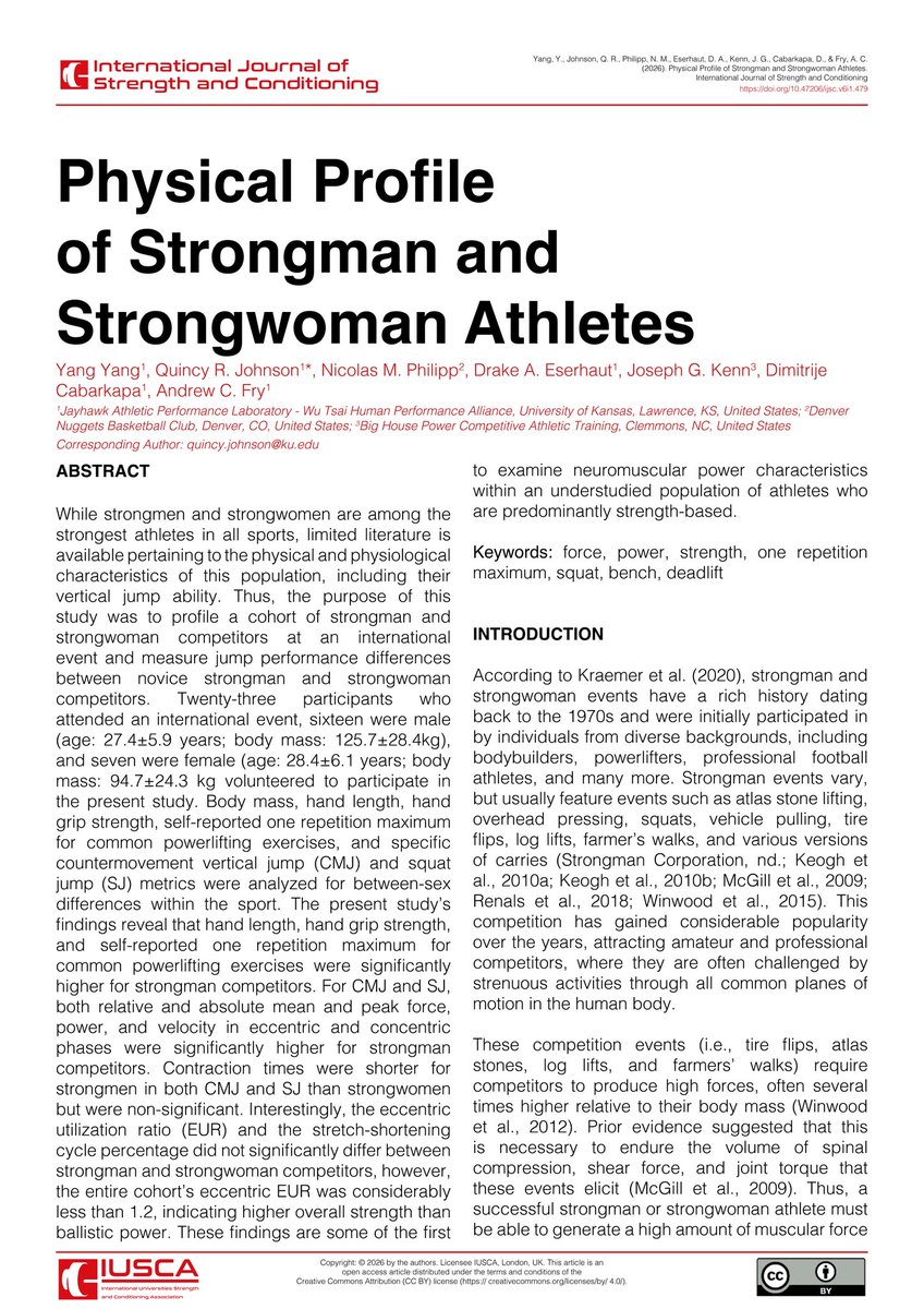IUSCA's tweet photo. 🚨Published Today🚨
Physical Profile of Strongman and Strongwoman Athletes
By Yang Yang, Quincy Johnson, Nicolas Philipp, Drake Eserhaut, Joe Kenn, Dimitrije Cabarkapa and Andrew Fry
📲Click the link below to read the full article for 🆓⬇️🔓
https://t.co/T8mG1KIN9g https://t.co/AVsT79xGui