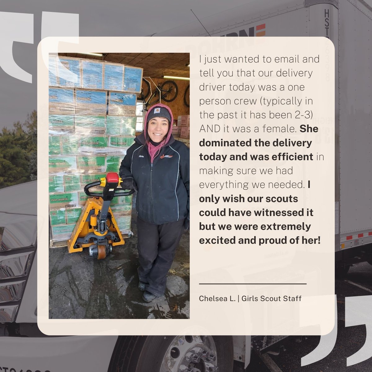 March 8 is International Women's Day! 🌍✨ Shoutout to Alicia Aguilera for her outstanding service and dedication. She's ensured important freight, like Girl Scout cookies, arrives safely! 🍪👏