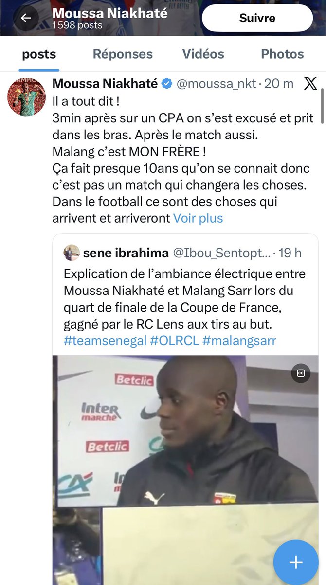 _BeFootball's tweet photo. 🚨 𝗠𝗢𝗨𝗦𝗦𝗔 𝗡𝗜𝗔𝗞𝗛𝗔𝗧𝗘́ 🇸🇳 𝗘́𝗧𝗘𝗜𝗡𝗧 𝗟𝗔 𝗣𝗢𝗟𝗘́𝗠𝗜𝗤𝗨𝗘 𝗔𝗣𝗥𝗘̀𝗦 𝗦𝗢𝗡 𝗘́𝗖𝗛𝗔𝗡𝗚𝗘 𝗠𝗨𝗦𝗖𝗟𝗘 𝗔𝗩𝗘𝗖 𝗠𝗔𝗟𝗔𝗡𝗚 𝗦𝗔𝗥𝗥 ! 😤🗣️ 

« Il (Malang) a tout dit !
3min après sur un CPA on s’est excusé et prit dans les bras. Après le match aussi.

Malang c’est MON FRÈRE !
Ça fait presque 10ans qu’on se connait donc c’est pas un match qui changera les choses.

Dans le football ce sont des choses qui arrivent et arriveront encore ✌️❤️
#nopolemique »