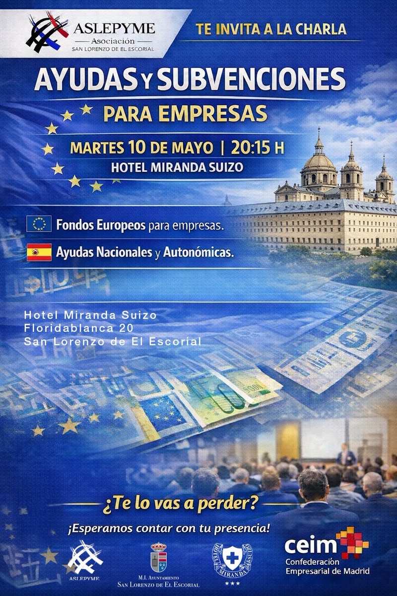 aslepyme's tweet photo. 🟣🟣REUNIÓN CON CEIM EN EL HOTEL MIRANDA SUIZO PARA CONOCER INFORMACIÓN SOBRE AYUDAS Y SUBVENCIONES

Desde ASLEPYME, y con el objetivo de impulsar y fortalecer vuestros comercios y empresas, os invitamos el próximo martes día 10 a las 20:15 h, en el Hotel Miranda Suizo. https://t.co/6si1JjHi0F