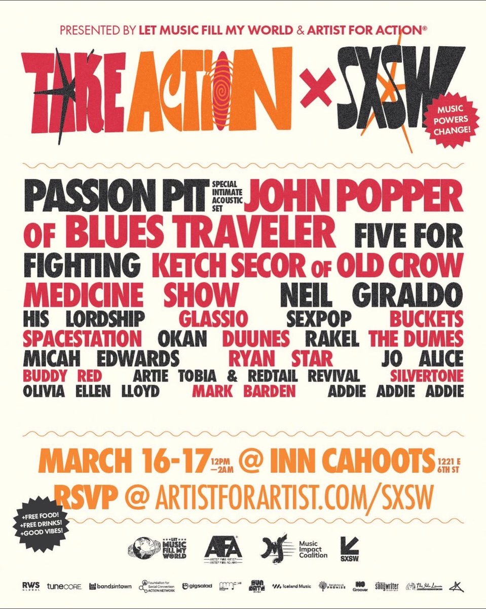 LadyLakeMusic's tweet image. 💯🎶 Via our friends @blues_traveler 
We are excited to announce that John Popper and Ben Wilson will be performing this year at #TAKEACTION x #SXSW on Tuesday, March 17th.
RSVP: artistforartist.com/sxsw
📆 March 16-17
📍 Inn Cahoots (Garden)
#JohnPopper #BenWilson #BluesTraveler