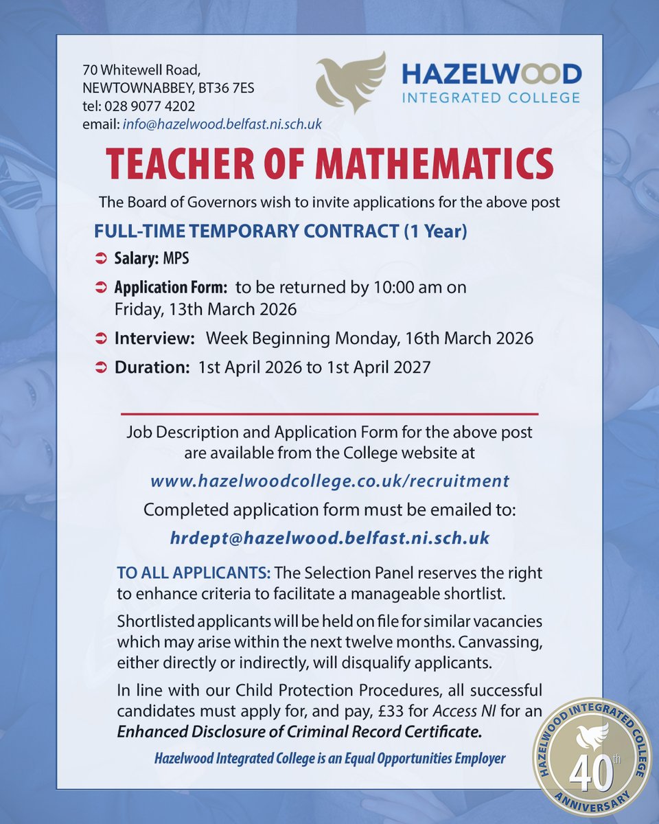 hazelwoodni's tweet image. 📣 We’re hiring!

Hazelwood Integrated College is seeking a Teacher of Maths &amp;amp; Teacher of Science to join our team.

Find out more and apply:
 hazelwoodcollege.co.uk/recruitment/

Please share! #teachingjobs #education

@niciebelfast
@IEFNI
@IntEdAlumni