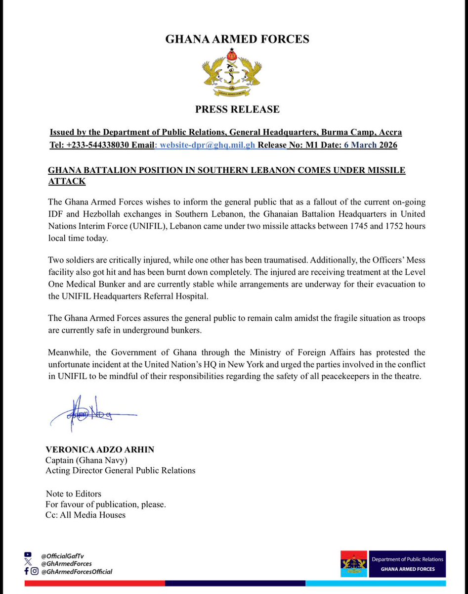 GHANA BATTALION POSITION IN SOUTHERN LEBANON COMES UNDER MISSILE ATTACK