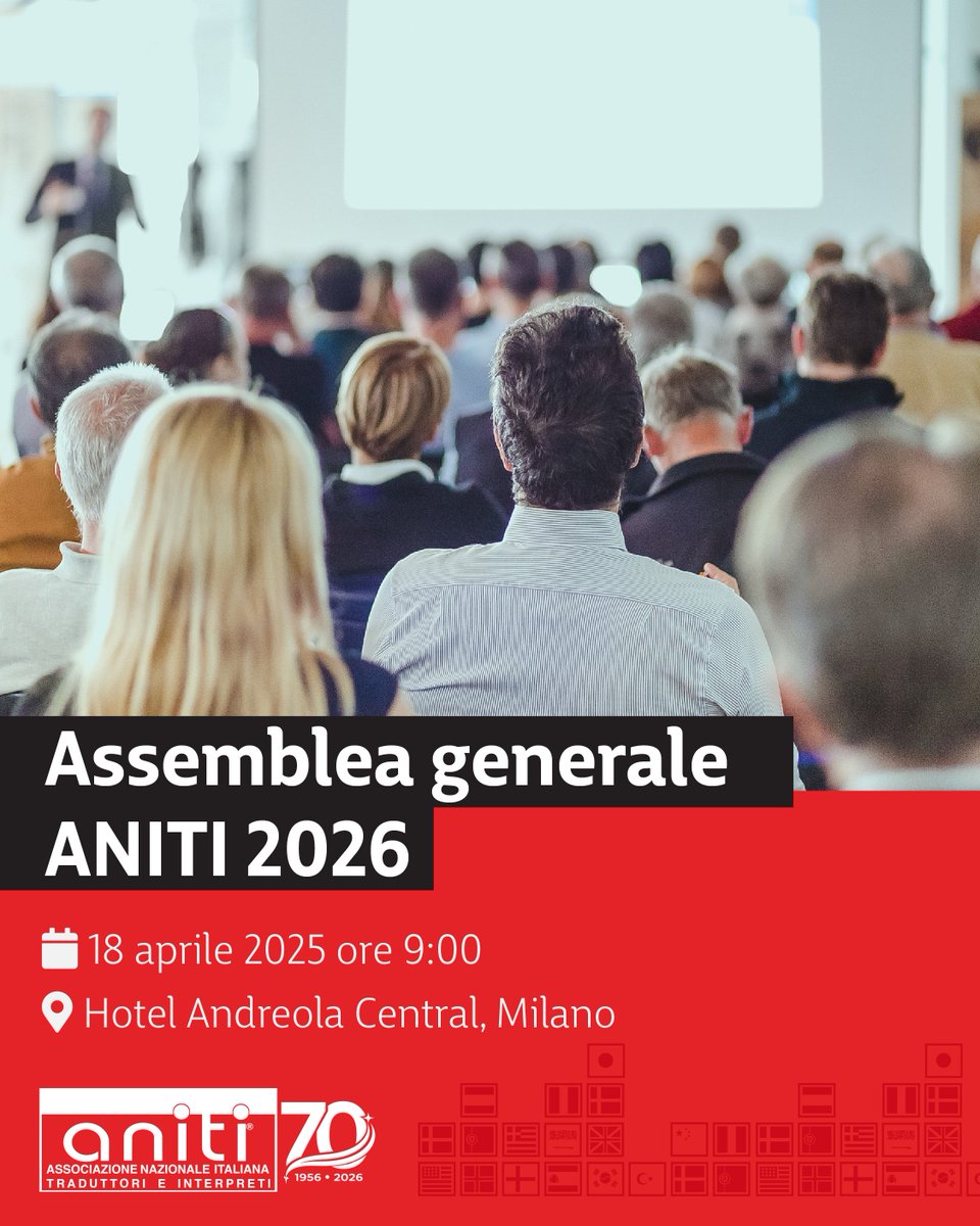 𝗔𝘀𝘀𝗲𝗺𝗯𝗹𝗲𝗮 𝗚𝗲𝗻𝗲𝗿𝗮𝗹𝗲 𝗔𝗡𝗜𝗧𝗜 𝟮𝟬𝟮𝟲
Soci ANITI, segnate la data!
18 aprile 2026
Hotel Andreola Central – Sala Paganini, Milano
Un’intera giornata di confronto, condivisione e crescita associativa, con un momento speciale dedicato ai primi 70 anni di ANITI.