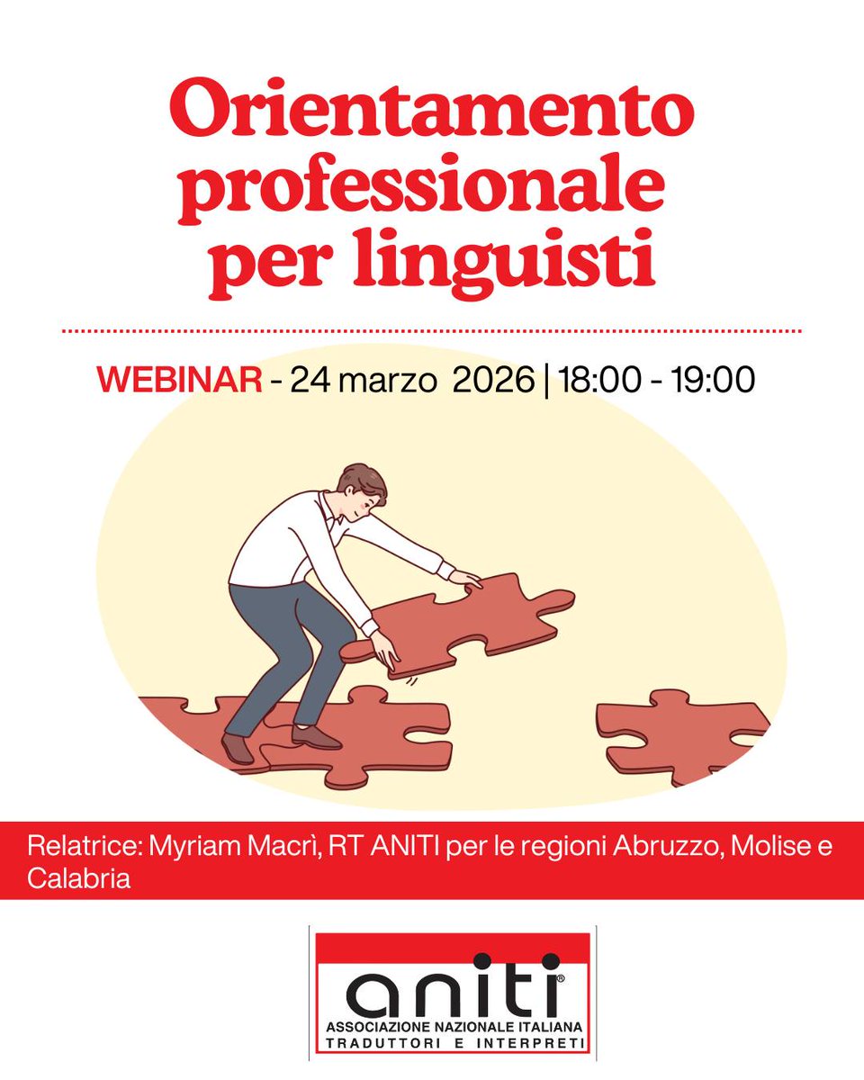 WebinarANITI | Orientamento professionale per linguisti
24 marzo 2026
18:00 – 19:00
Gratuito e riservato ai soci ANITI
Talento e competenze non bastano senza una direzione!
In questo webinar, Myriam Macrì ti guiderà a costruire o rinnovare il tuo percorso professionale.