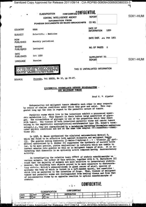 1951 La CIA traduce en secreto un artículo soviético: los parásitos y el cáncer se comportan bioquímicamente de forma casi idéntica. Los mismos antiparasitarios (Myracil D, análogos de la guanina) eliminaron tanto la esquistosomiasis como los tumores en el laboratorio.  

Los