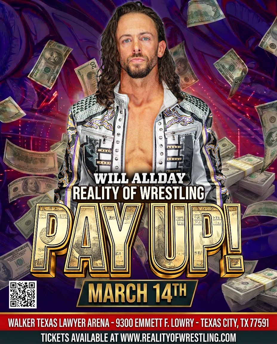 TheOfficialROW's tweet image. 🚨 TALENT ANNOUNCEMENT 🚨

One of the most exciting athletes in Reality Of Wrestling is stepping back into the ring at #PayUp.

@IAmMrAllday will be LIVE in action on Saturday, March 14th as the Reality Of Wrestling TV tapings return to Texas City!

📍 Walker Texas Lawyer Arena
