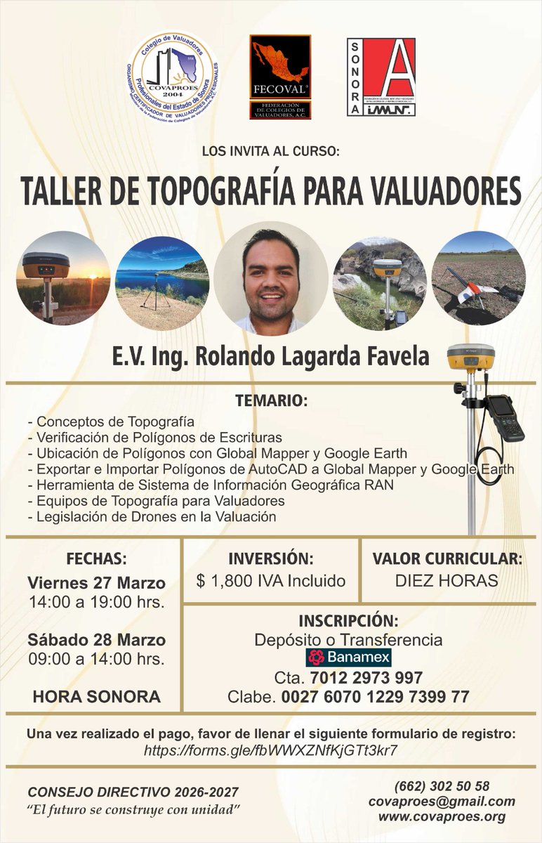 FECOVAL_AC's tweet photo. Curso Taller de Topografía para Valuadores
💻 Modalidad Línea
📆 Viernes 27 de Marzo 2026
🕛 Horario de 14:00 a 19:00 hrs
📆 Sábado 28 de Marzo 2026
🕛 Horario de 9:00 a 14:00 hrs
(Horario de Sonora)
📆 Viernes 27 de Marzo 2026
🕛 Horario de 15:00 a 20:00 hrs https://t.co/m9nJTlpzbb