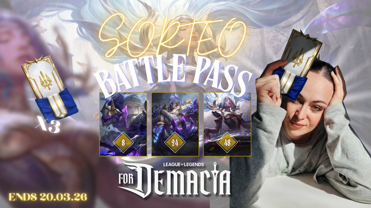 mery_soldier's tweet image. 📢SORTEO😎

Nuevos pases de Demacia para sortear entre la comunidad de parte de @lol_es , daré los ganadores el día 20.03 por aquí! 

Para participar:

🔄Dar RT a esta publicación
❤️Like
✅Seguir mi cuenta

(y recuerda que son para euw🥰)

Mucha Suerte! 💋☘️ #LPP