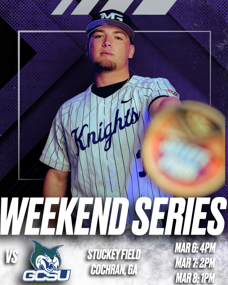 MGABASEBALL's tweet photo. The Knights host the Bobcats this weekend for another PBC weekend series!

🆚 Georgia College and State University
🕓 3/6: 4pm, 3/7: 2pm, 3/8: 1pm
🏟️ Stuckey Field
📍 Cochran, GA
📊 https://t.co/ptUzVj5mt4
📺 https://t.co/AAc2QTGMSE

#GoKnights
#CastleCity https://t.co/UbXzZ3aPrf