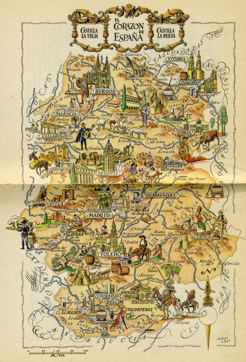 Geohisclm's tweet photo. 📜 Todos y cada uno de los tópicos turísticos de la España peninsular hacia 1950, dibujados en estos mapas por Jacques Liouzu. Aquí "el corazón de España: Castilla La Vieja y Castilla La Nueva".

#mapas #clm #CiudadReal #castillalanueva #topicos #turismo https://t.co/l6C7R4lzcK