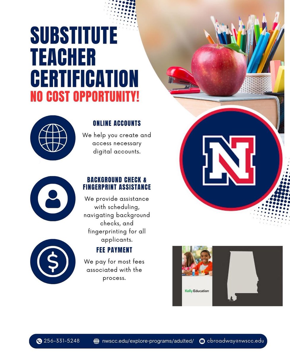 NWSCCAdultEd's tweet photo. Ready to step into the classroom? 🍎
Earn your Substitute Teacher Certification at #NoCost. We help with online accounts, background checks, and most fees associated with the process of becoming a substitute teacher.
Sign up here ➡️ https://t.co/WDjhDyMJpY ✏️📚 https://t.co/drWszyfy0s
