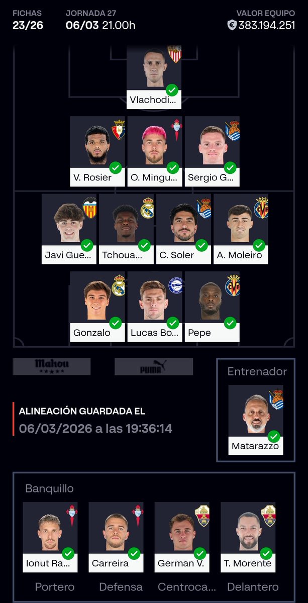 pabeber_'s tweet photo. @ElBielsaFantasy @futbol_fantasy Muchas dudas AYUDA🙏
Radu o Vlahodimos?
A quién meto por Gonzalo?
Capitan?
Algún otro cambio?
DEF: Vivian, Kike Salas, Carreira
MED: Rioja, Barrene, Germán V.
ATC: I. Romero, Aspas, T. Morente
Graciaas🫂 https://t.co/x2K9LrPqOW