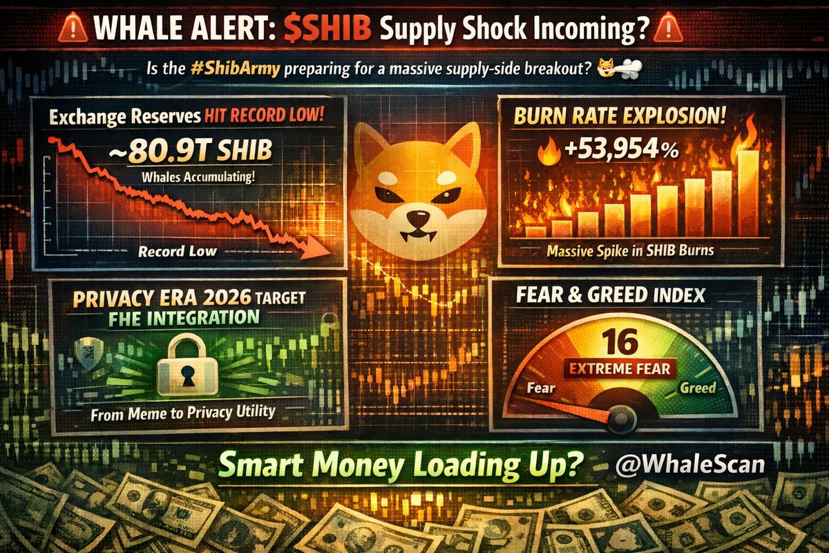 🚨 WHALE ALERT: $SHIB Supply Shock Incoming? 🚨

The on-chain data for Shiba Inu is telling a massive story today. Despite the price chop, the underlying mechanics are tightening:

📉 Exchange Reserves: Hit a RECORD LOW (~80.9T SHIB). Whales are vacuuming supply into cold storage