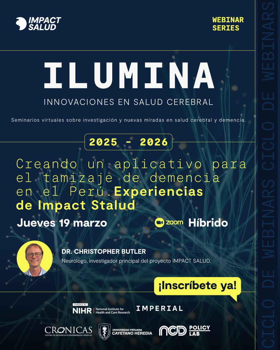 ImpactSalud's tweet photo. ¿Cómo la tecnología revoluciona el diagnóstico de demencia en el Perú? 🧠🇵🇪

Súmate a #ILUMINA y conoce los avances de @ImpactSalud.

🎙️ Ponencia magistral: Dr. Christopher Butler 🗓️ 19 marzo | 6:00 p.m.📍 UPCH Miraflores / Zoom 🎟️ Regístrate: https://t.co/5c0HDZxHuf https://t.co/1tfpxmuuAz
