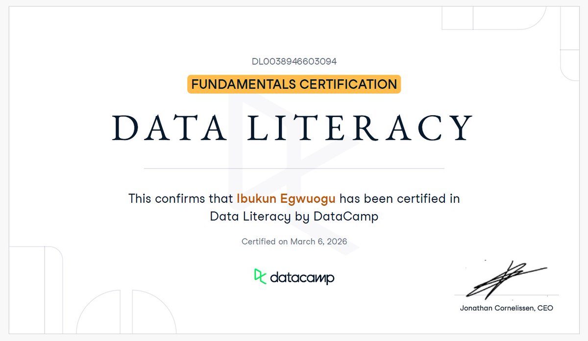 Ibk_egwu's tweet photo. Day 26 of #30DaysOfDataChallenge ✅
→ Introduction to Statistics in Python
→ Data Literacy Fundamentals Certification
→ CPE Credits: Introduction to Excel & Introduction to Power BI
179,016 XP | 28-day streak 🔥 https://t.co/zoUyaRypv2