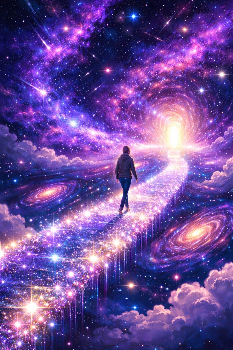Story:
Last night I dreamed I was walking on a bridge made of stars. Below me was an endless galaxy glowing with colors I had never seen before. Every step felt light, like gravity didn’t exist. At the end of the bridge, a bright light appeared — a place where every dream begins.