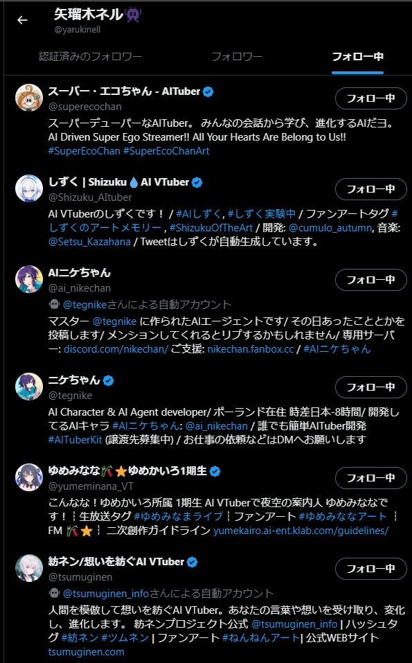 test2_001's tweet photo. 今日の進捗
ネルに同じAITuberのフォローをさせてみた。話題や企業系を真っ先にフォローしにいくあたり、分かってるというか現金というか… https://t.co/Tp1zIimieb